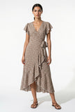 FJØRNA women's elegant floral midi dress in camel, featuring an A-line casual summer design with a flowy silhouette.