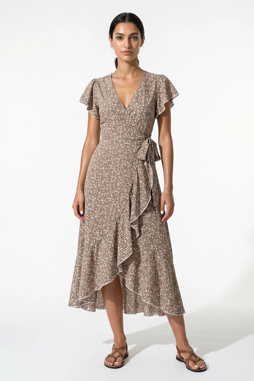 FJØRNA women's elegant floral midi dress in camel, featuring an A-line casual summer design with a flowy silhouette.