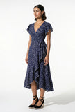 Navy blue floral midi dress for women by FJØRNA, featuring an A-line silhouette and casual summer style.