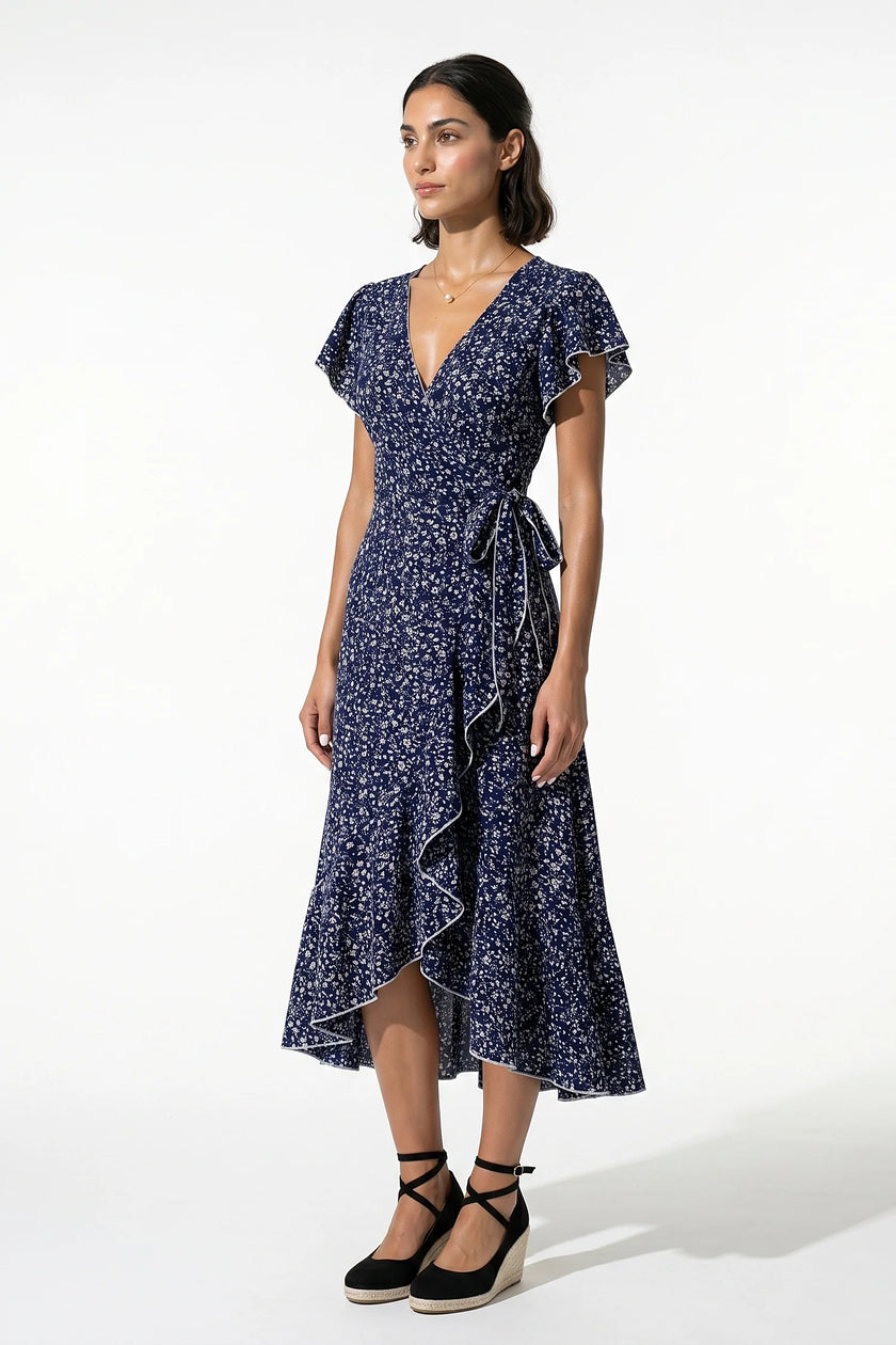 Navy blue floral midi dress for women by FJØRNA, featuring an A-line silhouette and casual summer style.
