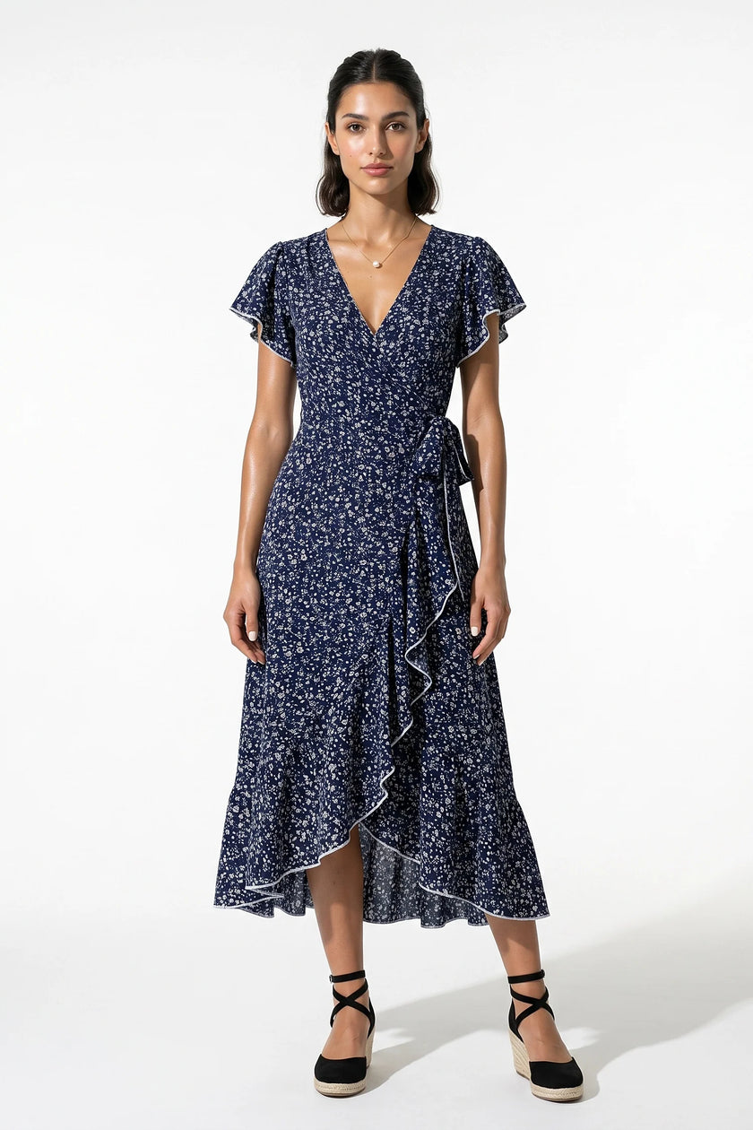 Navy blue FJØRNA floral midi dress for women, casual A-line summer dress with a feminine floral pattern and elegant design.