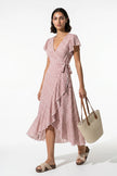 Pink floral midi dress for women by FJØRNA featuring an elegant A-line design, perfect for casual summer occasions.