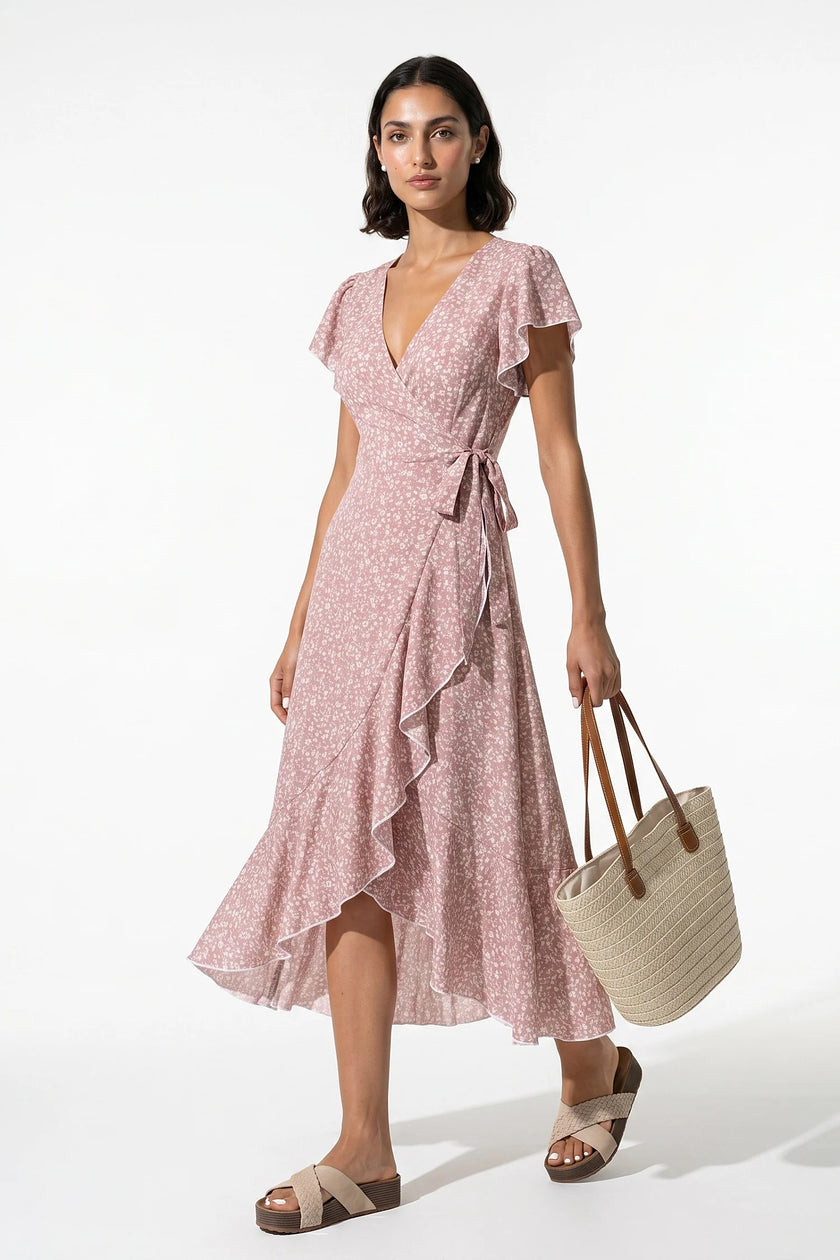 Pink floral midi dress for women by FJØRNA featuring an elegant A-line design, perfect for casual summer occasions.