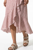 FJØRNA women's pink floral midi dress with A-line silhouette, perfect for casual summer occasions.