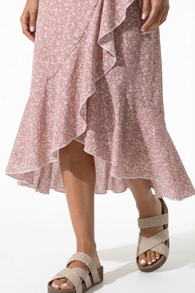 Pink floral midi dress for women by FJØRNA featuring an A-line casual summer design, perfect for warm weather occasions.