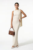 FJØRNA patchwork bodycon maxi dress for women in apricot, sleeveless with O-neck, full-body view showcasing elegant design