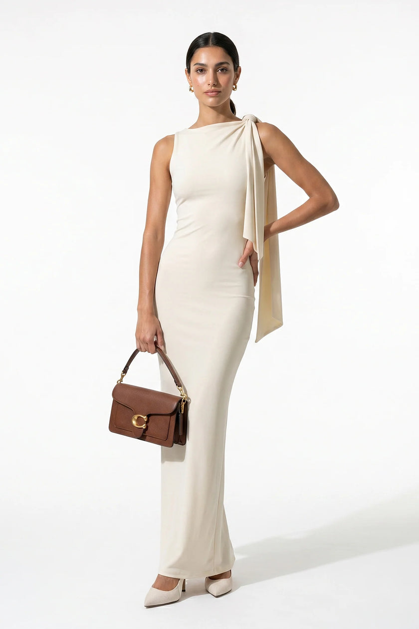 FJØRNA patchwork bodycon maxi dress for women in apricot, sleeveless with O-neck, full-body view showcasing elegant design