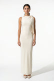 FJØRNA patchwork bodycon maxi dress for women with O-neck, sleeveless design in apricot, elegant and form-fitting.