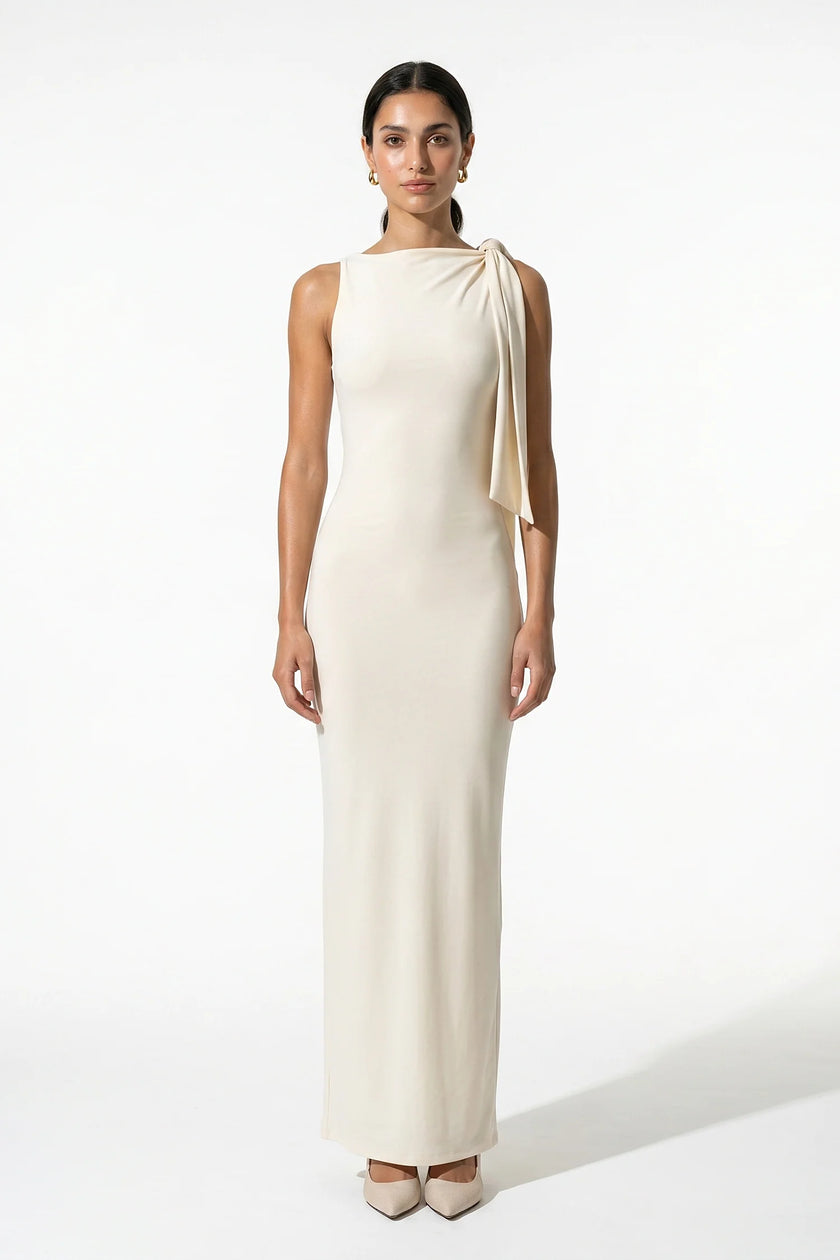 FJØRNA patchwork bodycon maxi dress for women with O-neck, sleeveless design in apricot, elegant and form-fitting.