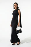 Black patchwork bodycon maxi dress for women by FJØRNA featuring an O-neck and sleeveless design, full-length view.