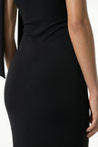 FJØRNA patchwork black sleeveless bodycon maxi dress with O-neck, elegant design, perfect for stylish evening wear.