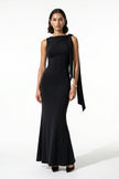 Black patchwork bodycon maxi dress for women by FJØRNA, sleeveless with O-neck design, elegant and form-fitting.