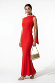 Red FJØRNA patchwork bodycon maxi dress for women, sleeveless with O-neck, full-length elegant evening dress.
