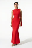 Red patchwork bodycon maxi dress for women by FJØRNA featuring a sleeveless design and O-neck neckline, styled for elegant occasions.