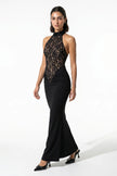 Elegant black strapless lace maxi dress for women by FJØRNA, showcasing a fitted, bodycon style perfect for formal occasions.