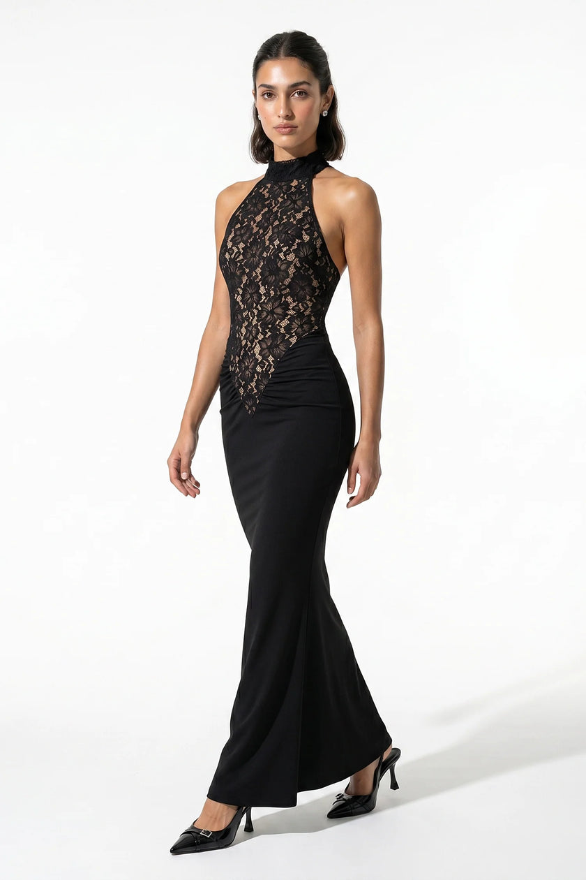 Elegant black strapless lace maxi dress for women by FJØRNA, showcasing a fitted, bodycon style perfect for formal occasions.
