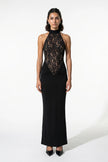 Black FJØRNA strapless lace maxi dress for women, bodycon fitted design, elegant evening dress with intricate lace details.