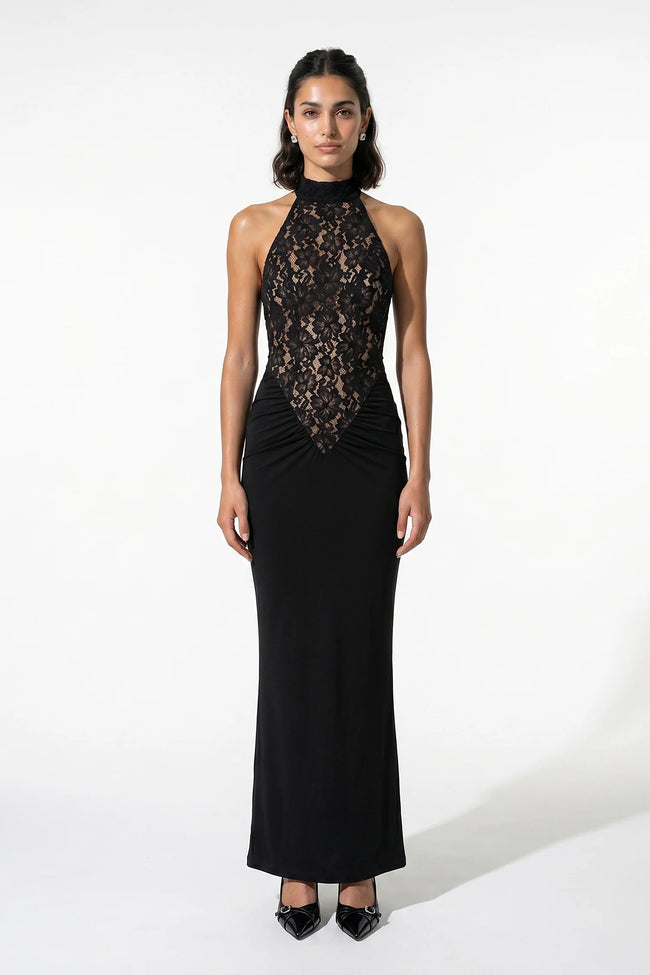 Black FJØRNA strapless lace maxi dress for women, bodycon fitted design, elegant evening dress with intricate lace details.