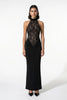 Black FJØRNA strapless lace maxi dress for women, bodycon fitted design, elegant evening dress with intricate lace details.