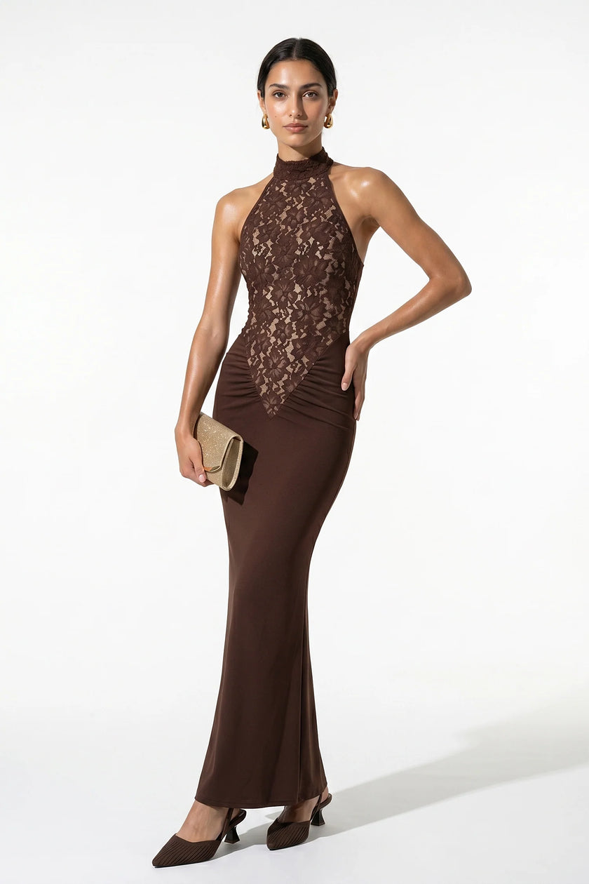 FJØRNA strapless lace maxi dress for women, fitted bodycon style in brown, elegant evening dress with full-length design