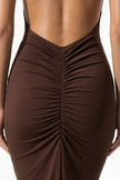 FJØRNA strapless lace maxi dress for women, fitted bodycon style in brown, elegant and sophisticated evening dress.