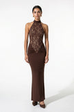 FJØRNA brown strapless lace maxi dress for women, bodycon fitted, elegant evening wear with intricate lace details.