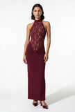 FJØRNA strapless lace maxi dress for women, bodycon fitted in brown, elegant design with intricate lace details.