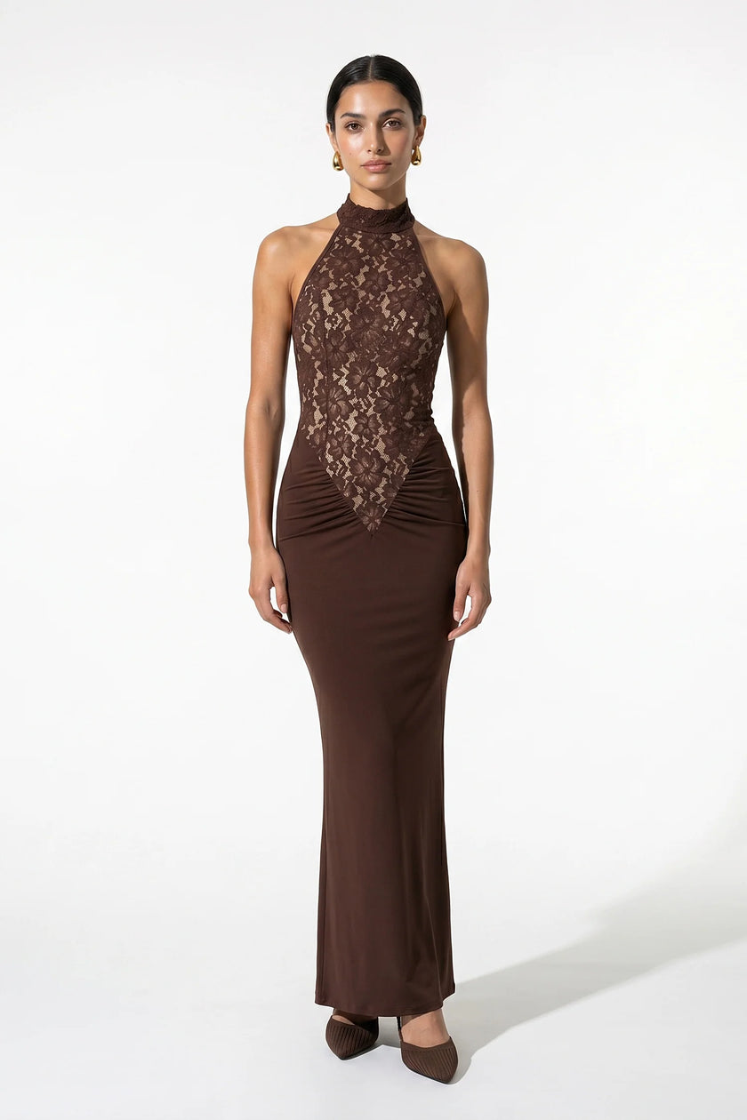 FJØRNA brown strapless lace maxi dress for women, bodycon fitted, elegant evening wear with intricate lace details.