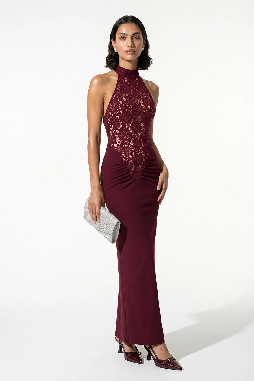 FJØRNA strapless lace maxi dress for women, fitted and bodycon, in burgundy, showcasing elegant design and full-length silhouette.