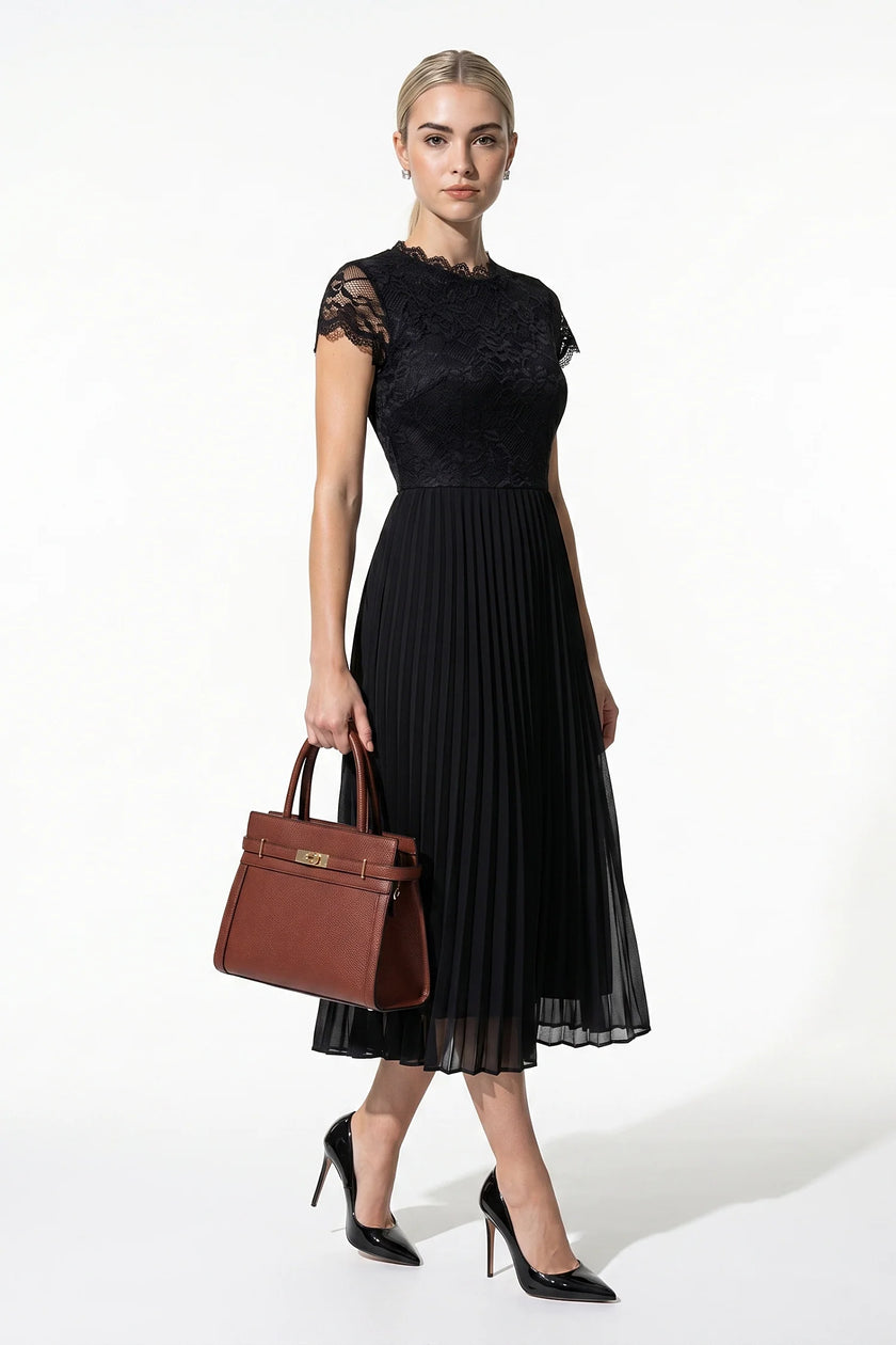 FJØRNA floral lace maxi dress for women, black pleated A-line summer dress with elegant lace details and flowing silhouette.
