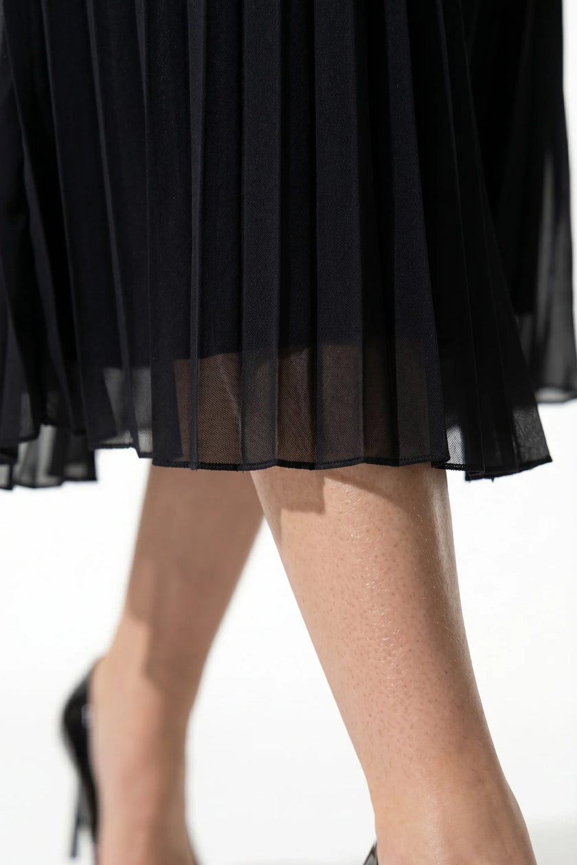 Black floral lace maxi dress for women with pleated A-line design by FJØRNA, perfect for summer occasions.
