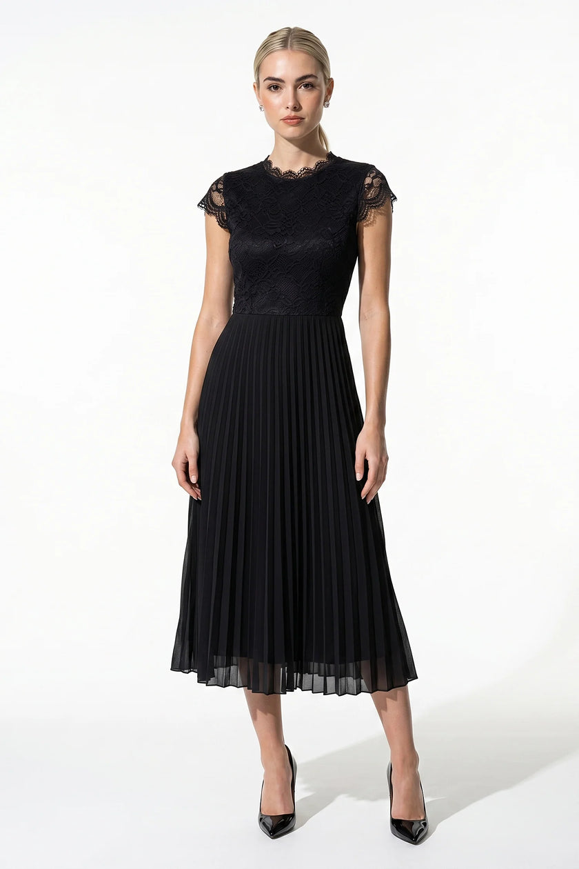 FJØRNA floral lace maxi dress for women, black, with pleated A-line design, ideal for summer occasions.