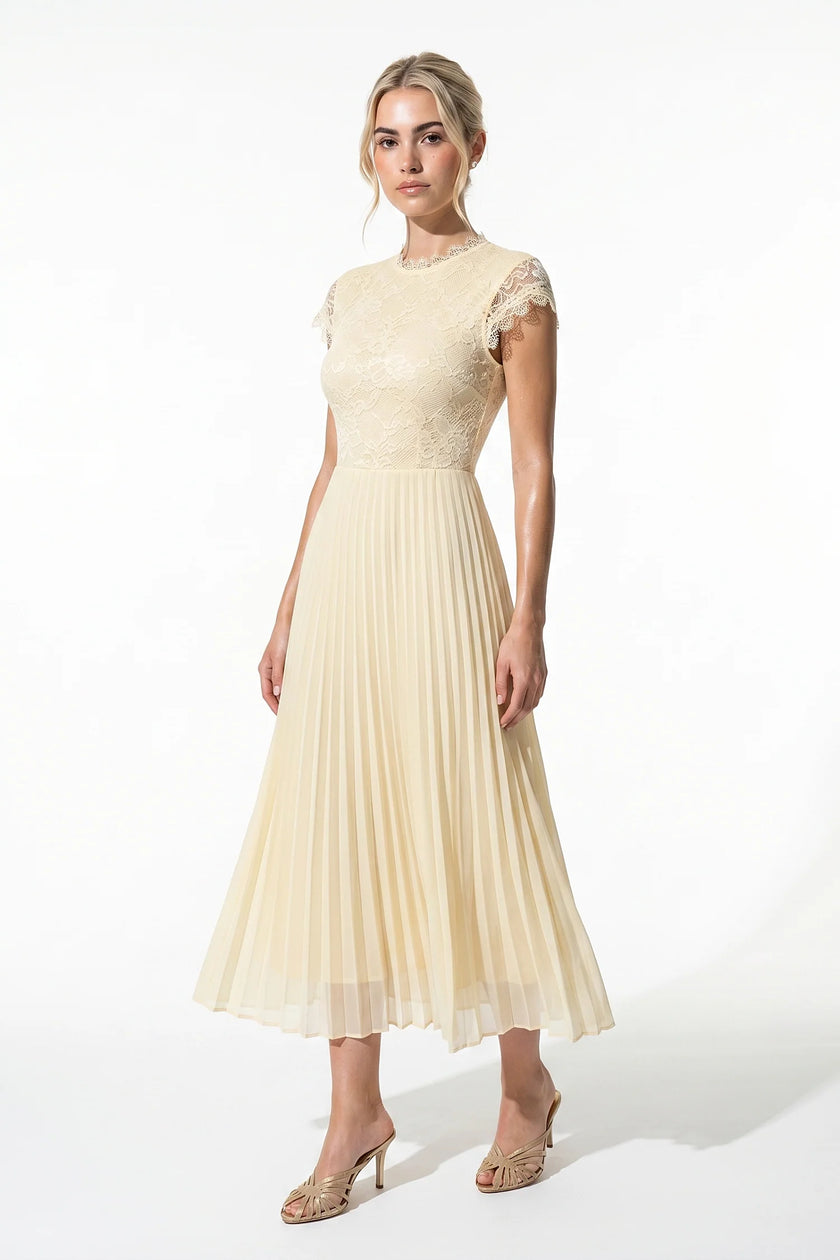 Elegant champagne floral lace maxi dress by FJØRNA featuring pleated A-line design for summer occasions.