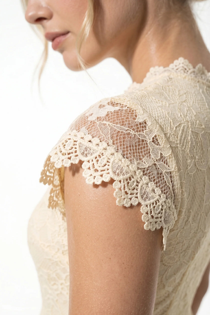 Elegant floral lace maxi dress for women by FJØRNA featuring pleated A-line design in champagne for summer occasions.