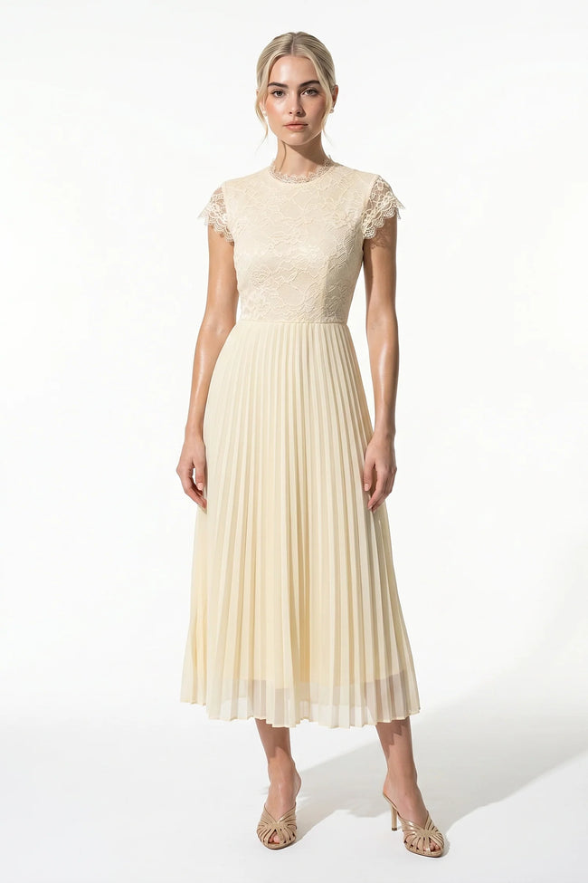 Elegant floral lace pleated A-line maxi dress by FJØRNA, in champagne, perfect for wedding guests and summer events.