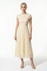 FJØRNA floral lace maxi dress for women with pleated A-line design, elegant champagne color, perfect for summer occasions.