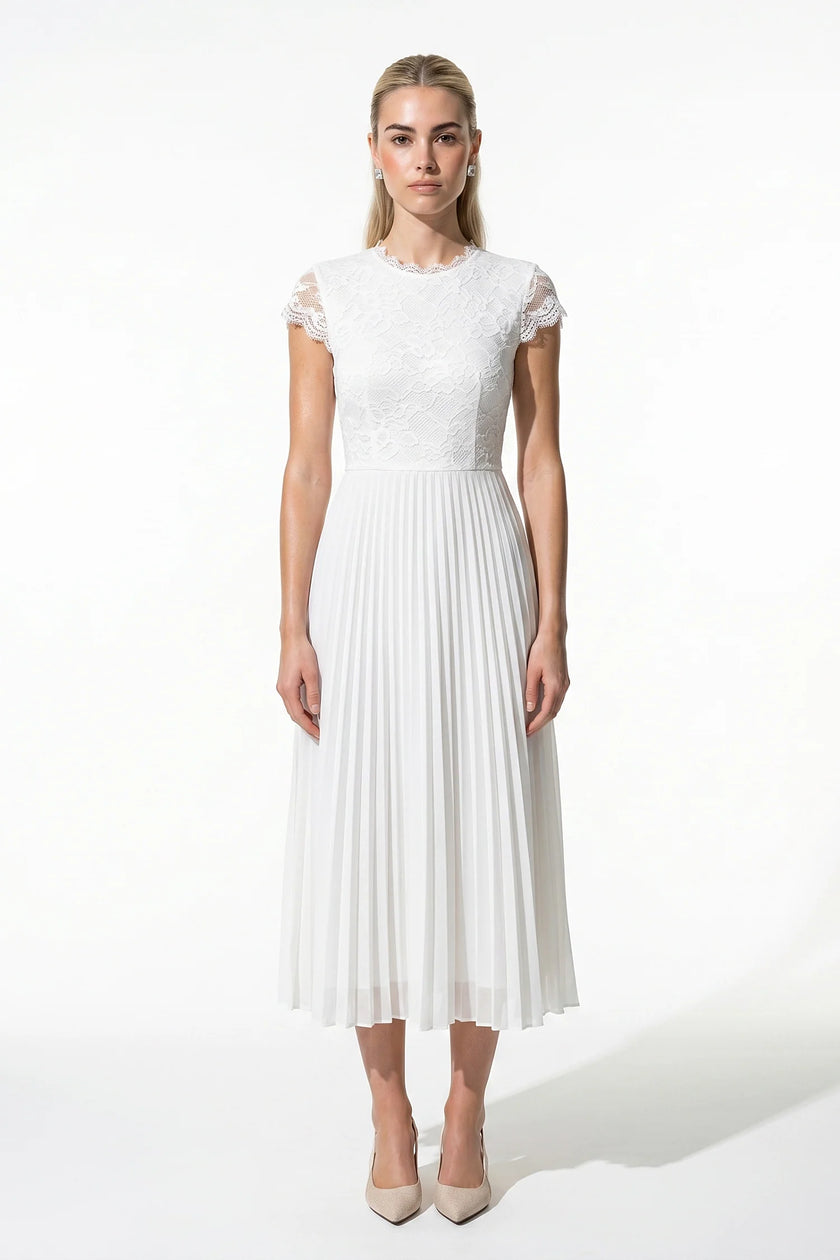 White floral lace maxi dress for women by FJØRNA featuring pleated A-line design, perfect for summer occasions.