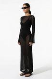 FJØRNA women's black maxi dress with long sleeves, perfect for beach casual summer wear, full-body view.