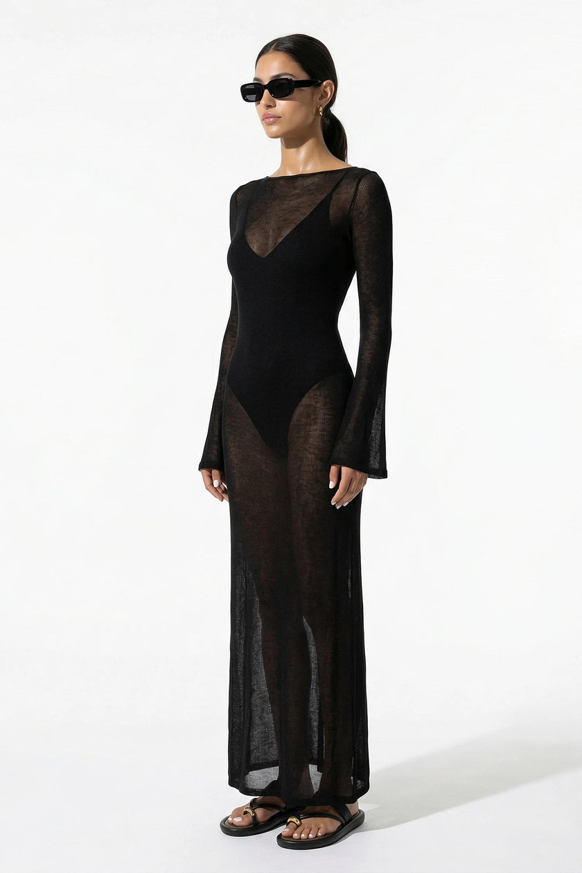 FJØRNA women's black maxi dress with long sleeves, perfect for beach casual summer wear, full-body view.