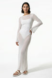 White long sleeve maxi dress for women by FJØRNA, casual summer beach dress with relaxed fit and flowing fabric.