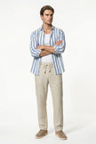 Men's lightweight linen trousers in khaki by FJØRNA, straight fit breathable summer pants, full-body view