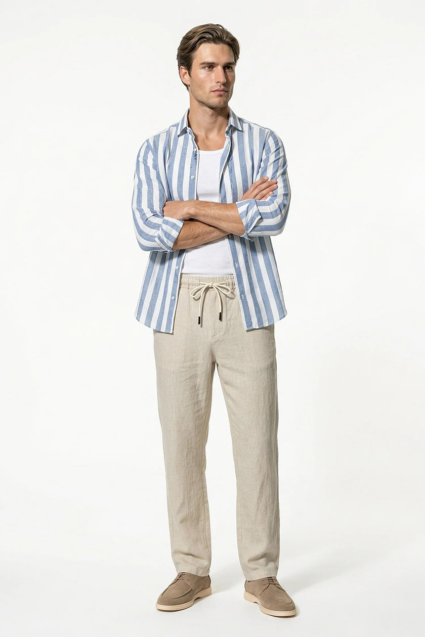 Men's lightweight linen trousers in khaki by FJØRNA, straight fit breathable summer pants, full-body view
