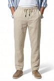 Men's lightweight linen trousers in khaki, breathable straight fit summer pants by FJØRNA, perfect for warm weather.