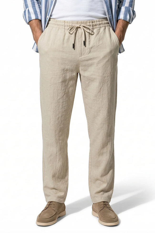 Men's lightweight linen trousers in khaki, breathable straight fit summer pants by FJØRNA, perfect for warm weather.