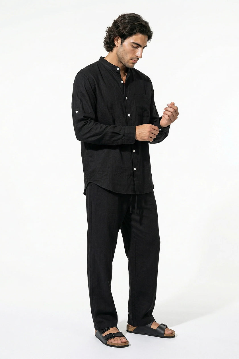FJØRNA men's linen co-ord set with black shirt and trousers, perfect for summer, shown in full body view.