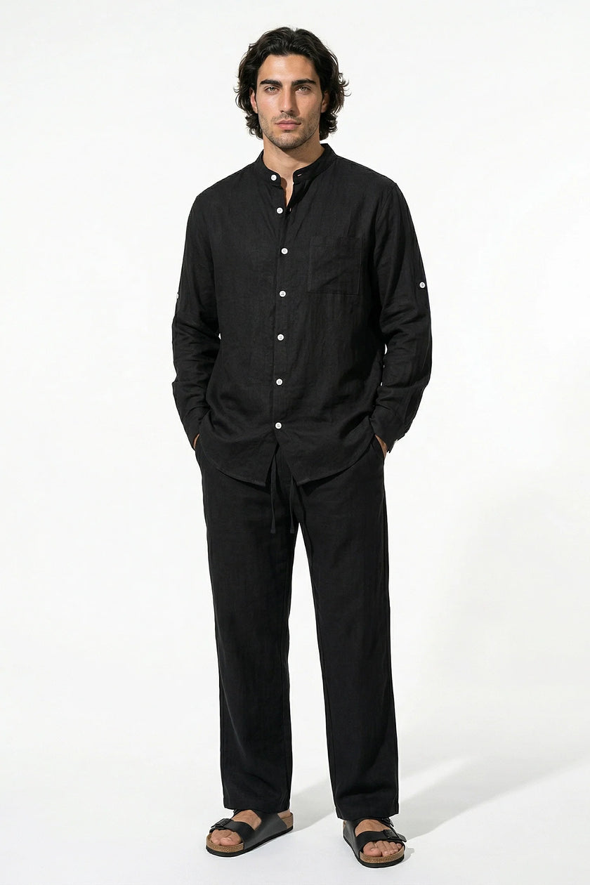 FJØRNA men's linen co-ord set with black shirt and trousers, perfect for summer casual wear, styled for a relaxed look.