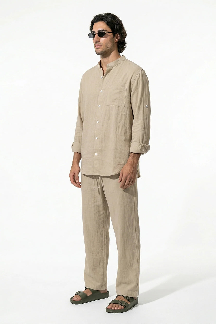 FJØRNA men's linen co-ord set with khaki shirt and trousers, perfect for summer, full-body view showing relaxed fit and breathable fabric.