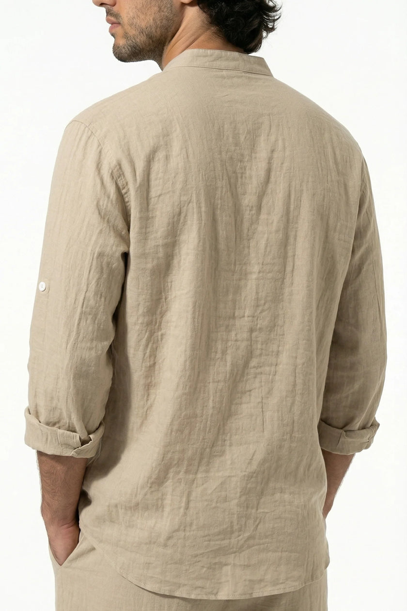 Men's khaki linen co-ord set by FJØRNA, including a lightweight shirt and matching trousers for summer wear.