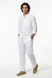 FJØRNA men's linen co-ord set with white shirt and trousers, ideal for summer, casual and comfortable clothing ensemble.