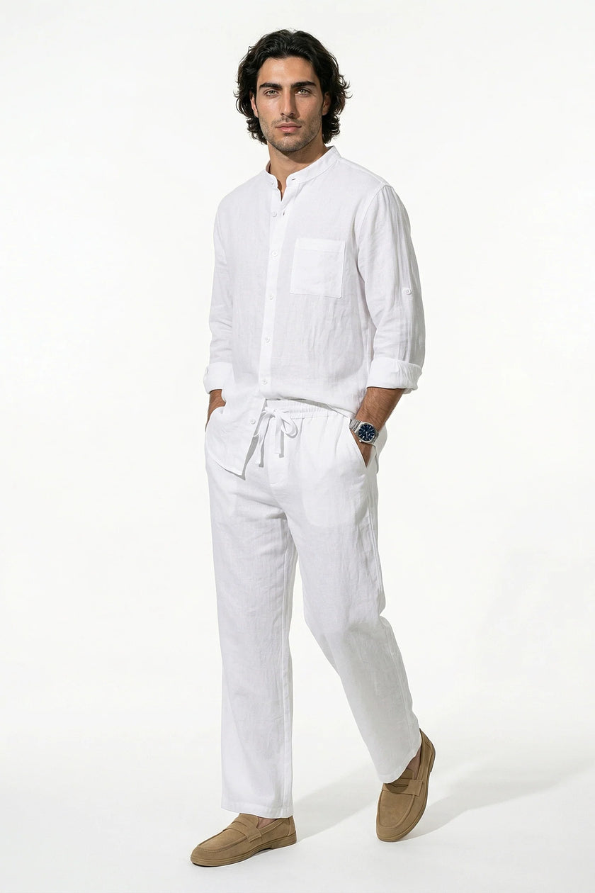 FJØRNA men's linen co-ord set with white shirt and trousers, ideal for summer, casual and comfortable clothing ensemble.